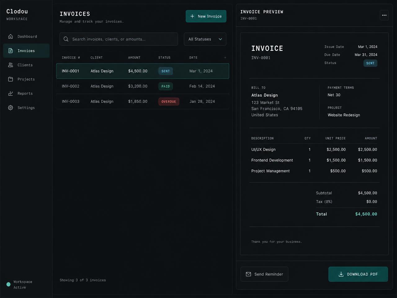 Clodou invoices and invoice preview